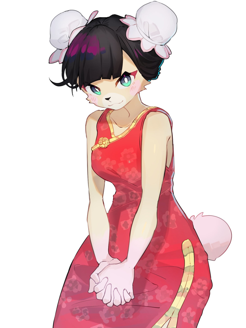 1girl :3 aqua_eyes baburusushi bangs bare_shoulders bear_tail black_hair blunt_bangs breasts bun_cover china_dress chinese_clothes closed_mouth collarbone commentary_request cowboy_shot double_bun doubutsu_no_mori dress floral_print furry hands_together happy highres interlocked_fingers jasmine_(doubutsu_no_mori) jpeg_artifacts looking_at_viewer medium_breasts no_humans red_dress shiny shiny_hair short_hair simple_background sleeveless sleeveless_dress smile solo standing tail v_arms white_background
