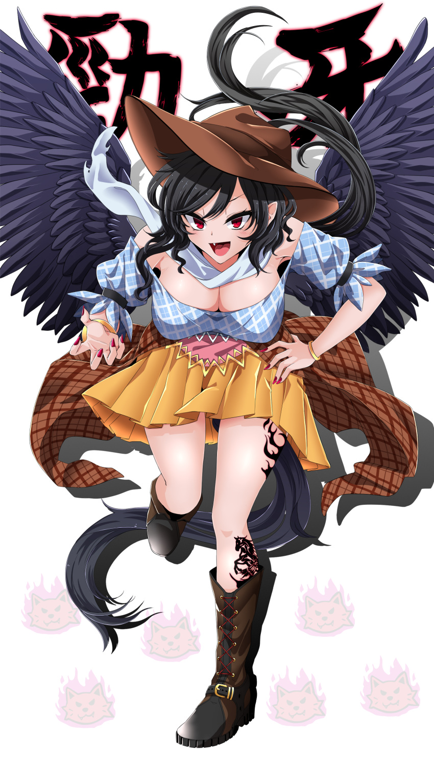 1girl :d absurdres bandana bangs bare_shoulders black_footwear black_hair black_wings blue_shirt boots bracelet brown_headwear cowboy_hat fang feathered_wings hand_on_hip hat highres jewelry kurokoma_saki leaning_forward long_hair looking_at_viewer nail_polish off-shoulder_shirt off_shoulder open_mouth orange_skirt plaid puffy_short_sleeves puffy_sleeves red_eyes red_nails rihito_(usazukin) shirt short_sleeves simple_background skirt smile solo thighs touhou white_background wings