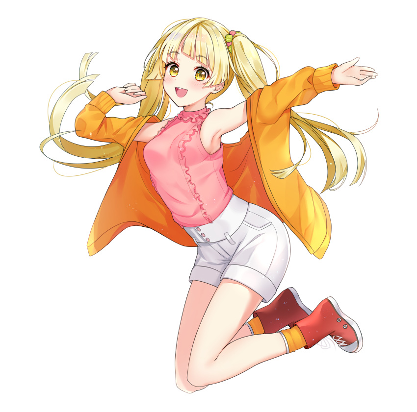 1girl :d absurdres armpits arms_up bang_dream! bare_shoulders blonde_hair commentary_request full_body hair_ornament highres jacket long_hair long_sleeves looking_at_viewer neginoki off_shoulder open_clothes open_jacket open_mouth orange_jacket orange_legwear outstretched_arms pink_shirt red_footwear shirt shirt_tucked_in shoes short_shorts shorts simple_background sleeveless sleeveless_shirt smile socks solo thighs tsurumaki_kokoro twintails white_background white_shorts yellow_eyes