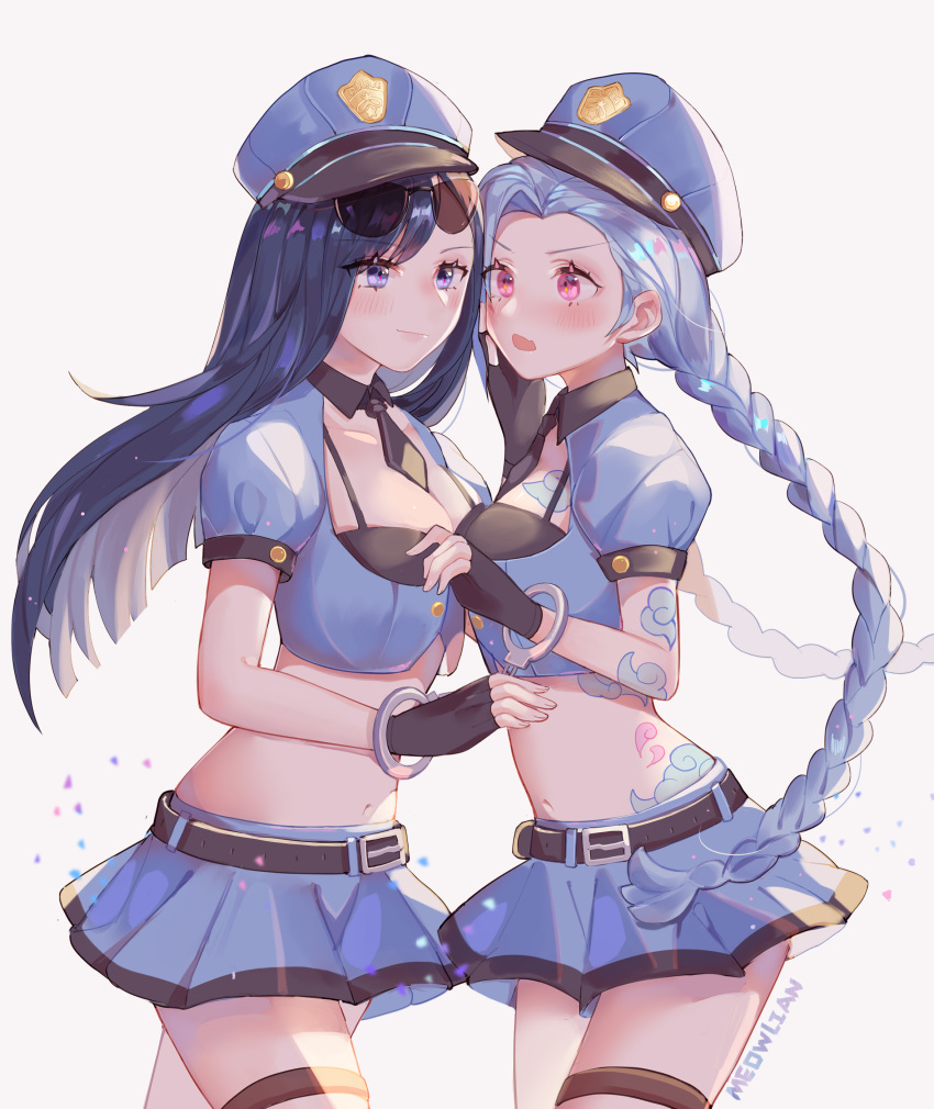 2girls absurdres belt black_gloves black_hair blue_hair blue_headwear blue_shirt blue_skirt braid breasts caitlyn_(league_of_legends) cowboy_shot crop_top cuffs eyewear_on_head fingerless_gloves gloves handcuffs hat highres jinx_(league_of_legends) league_of_legends long_hair looking_at_another medium_breasts meowlian midriff miniskirt multiple_girls navel necktie officer_caitlyn open_mouth peaked_cap police police_hat police_uniform policewoman red_eyes shirt short_necktie short_sleeves simple_background skirt stomach sunglasses tattoo thigh_strap thighs twin_braids twintails uniform v-shaped_eyebrows very_long_hair violet_eyes white_background wing_collar