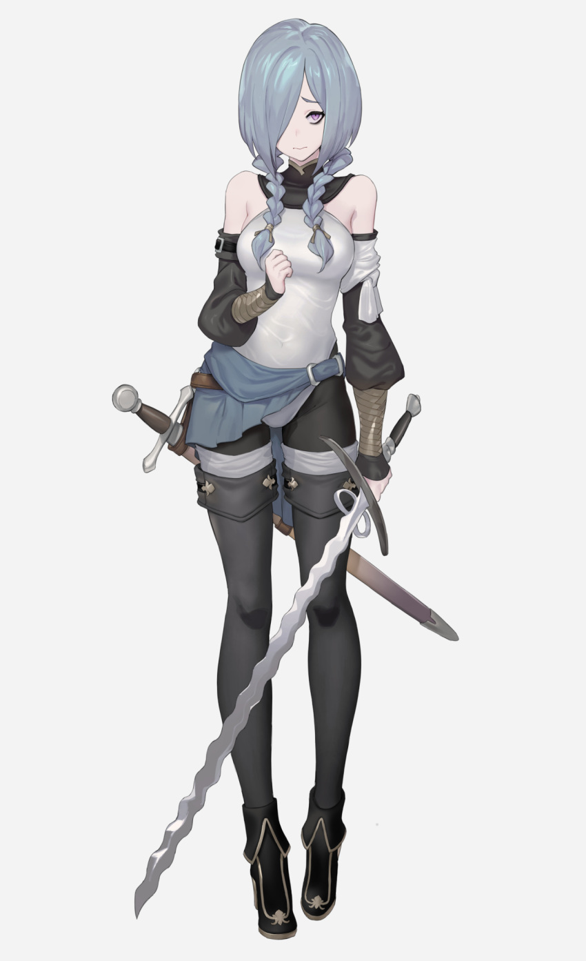 1girl bare_shoulders braid detached_sleeves flamberge full_body hair_over_one_eye highres holding holding_sword holding_weapon keemu_(occhoko-cho) long_hair original pantyhose scabbard sheath sheathed short_shorts shorts silver_hair simple_background solo sword twin_braids violet_eyes weapon