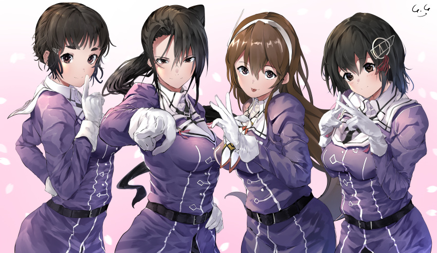 4girls absurdres ashigara_(kantai_collection) belt belt_buckle black_belt black_hair breasts brown_eyes brown_hair buckle gegeron gloves haguro_(kantai_collection) hair_ornament hairband highres horned_headwear jacket juliet_sleeves kantai_collection long_hair long_sleeves medium_breasts military military_uniform multiple_girls myoukou_(kantai_collection) nachi_(kantai_collection) ponytail puffy_sleeves purple_jacket remodel_(kantai_collection) short_hair signature smile tongue tongue_out uniform white_gloves white_hairband