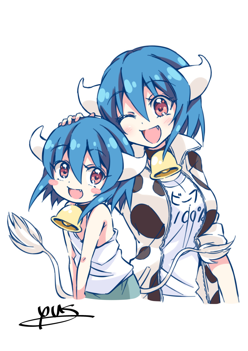 2girls absurdres age_difference age_progression bell bell_choker blue_hair blush breasts choker cow_girl cow_horns cow_tail eyebrows_visible_through_hair fang highres hood hoodie horns jashin-chan_dropkick large_breasts looking_at_another looking_at_viewer minos_(jashin-chan_dropkick) multiple_girls one_eye_closed open_mouth petting pink_eyes short_hair smile tail younger yyuki317