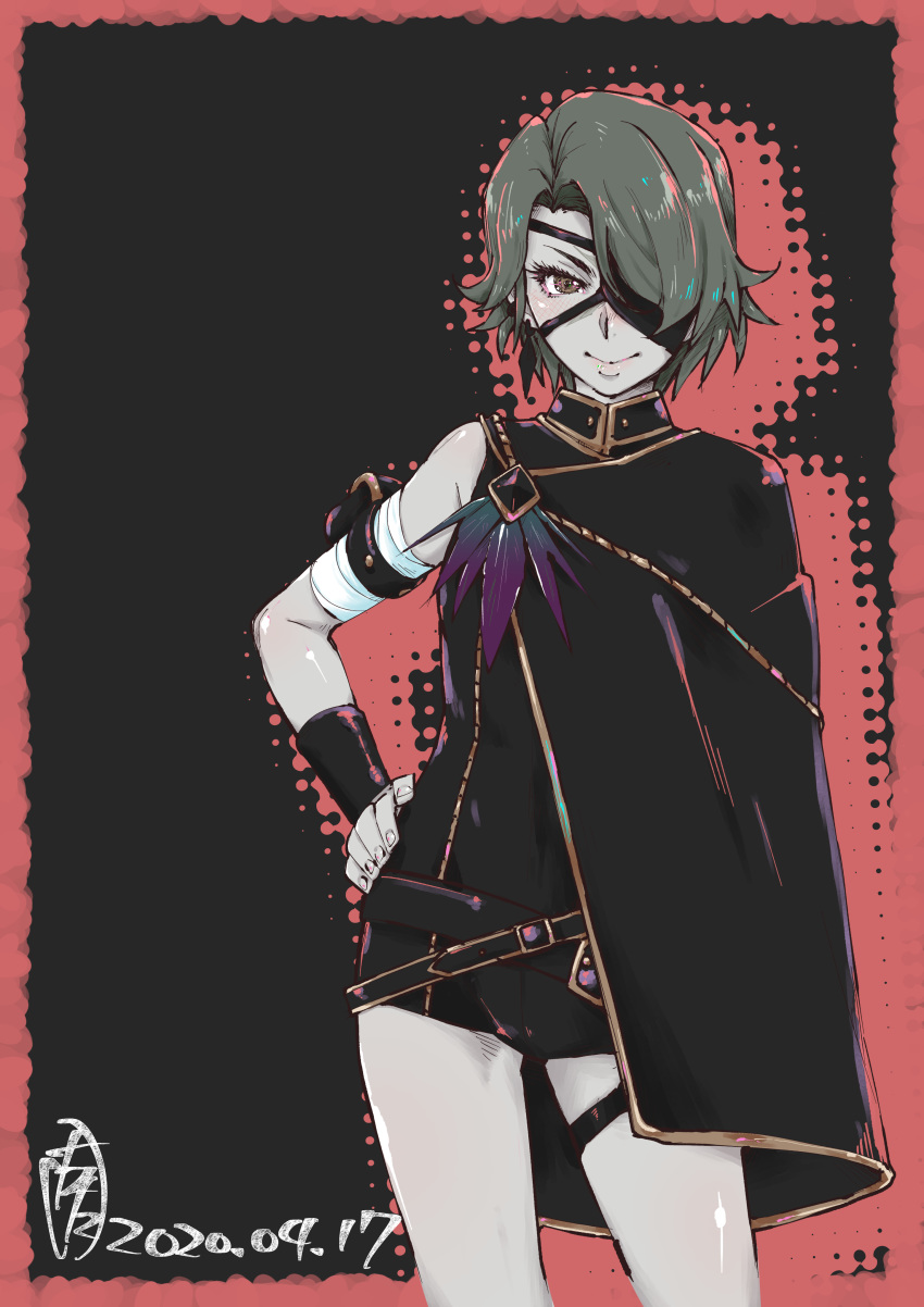 1girl 2020 absurdres bandaged_arm bandages black_cape black_jumpsuit brown_eyes cape cinder_fall closed_mouth contrapposto cowboy_shot dated eyepatch grey_hair grey_skin hand_on_hip highres limited_palette looking_at_viewer rwby shiny shiny_hair shiny_skin short_hair short_shorts shorts smile solo standing tatsuta_shin'ichi thigh_strap