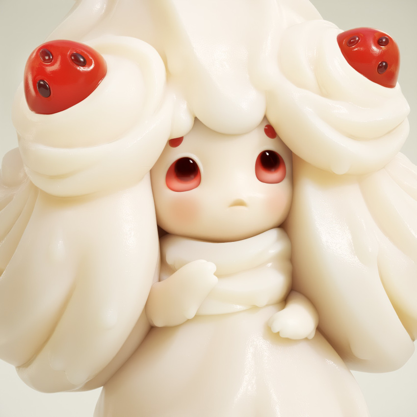 3d alcremie closed_mouth commentary creature english_commentary food fruit gen_8_pokemon highres no_humans photorealistic pokemon pokemon_(creature) realistic red_eyes sebastian_montecinos solo strawberry upper_body white_theme