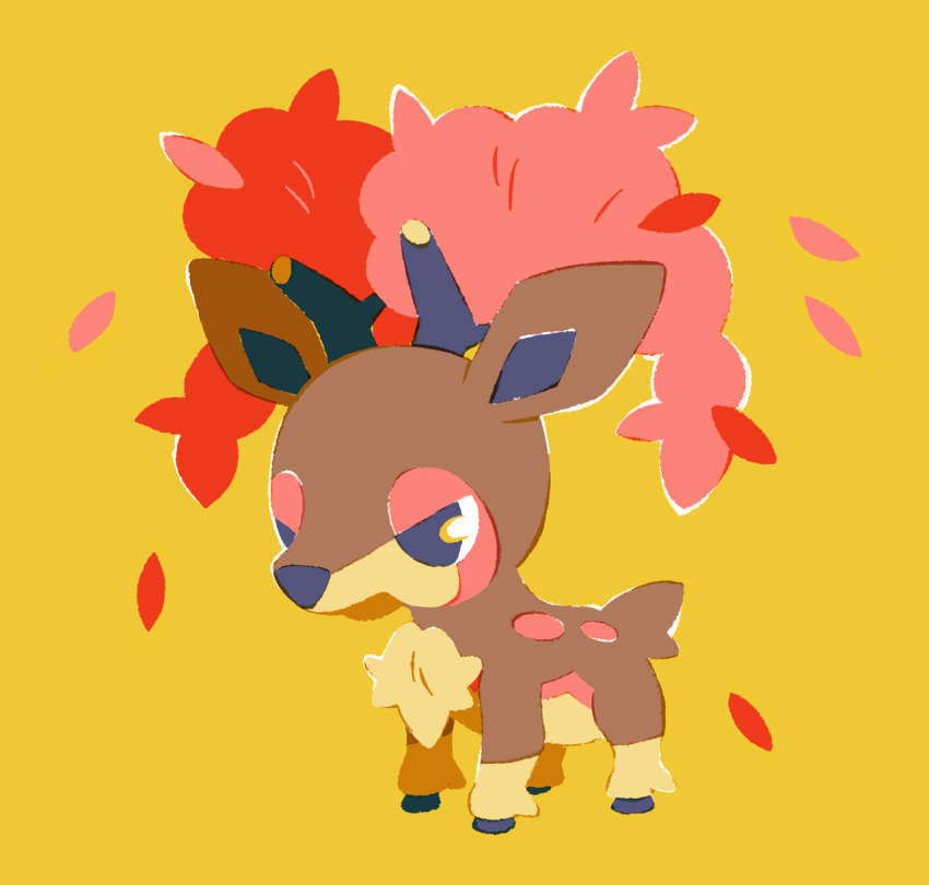 commentary commission creature english_commentary full_body gen_5_pokemon highres no_humans pinkgermy pokemon pokemon_(creature) sawsbuck sawsbuck_(autumn) simple_background solo standing yellow_background