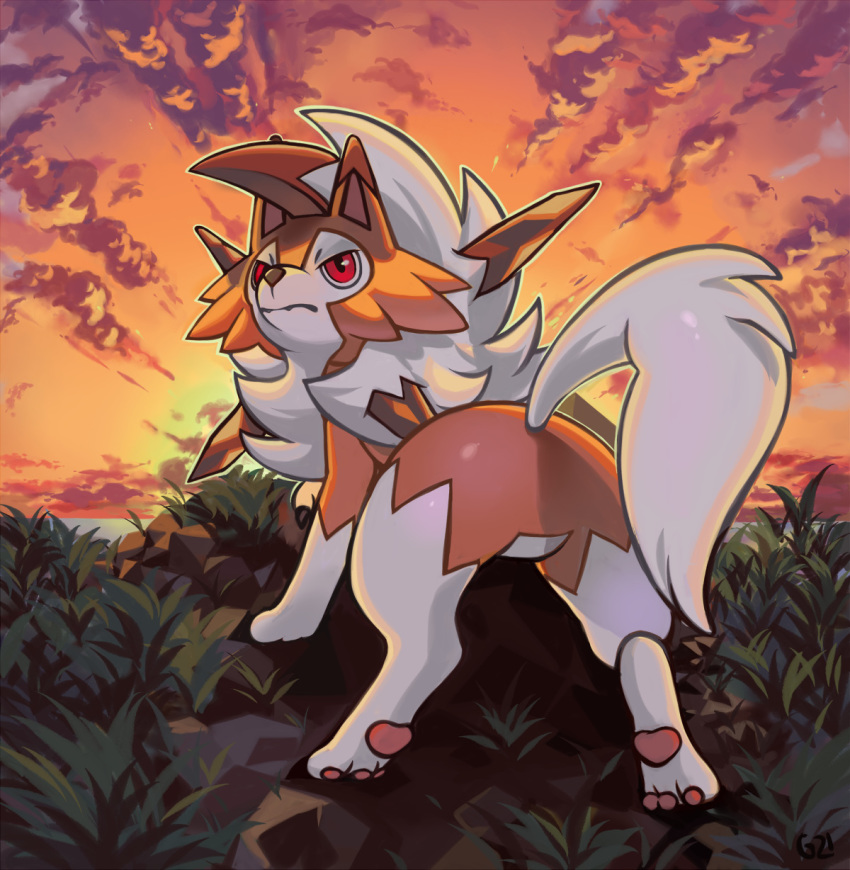 clouds cloudy_sky commentary english_commentary gen_7_pokemon grass highres horizon lycanroc lycanroc_(dusk) no_humans outdoors pinkgermy pokemon pokemon_(creature) red_eyes sky solo sunset tail