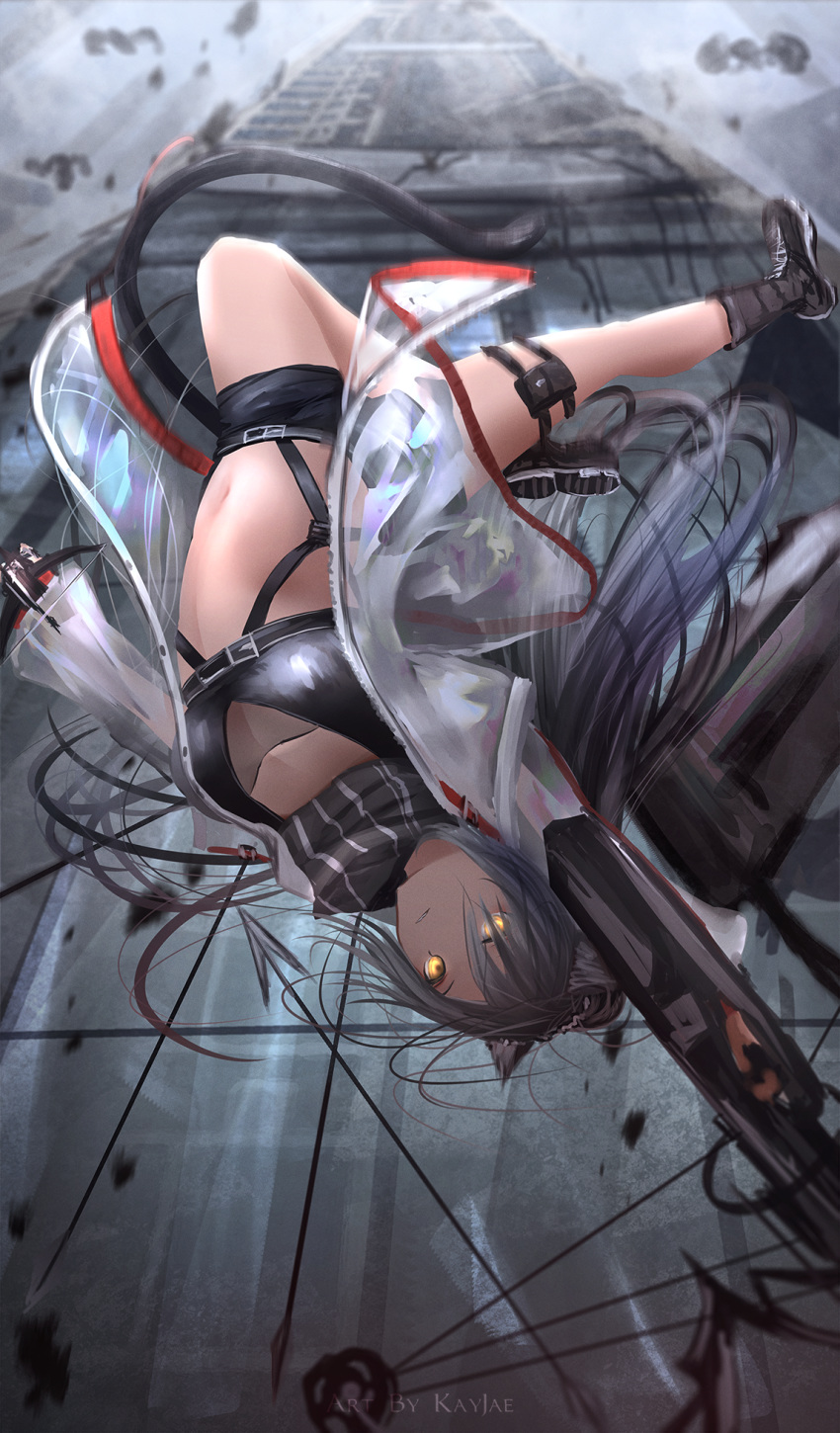 1girl animal_ears arknights artist_name belt_pouch black_footwear black_shirt black_shorts blurry blurry_background boots breasts cat_ears cat_girl cat_tail crop_top glowing glowing_eyes grey_hair highres jacket kayjae24 leg_belt long_hair looking_at_viewer medium_breasts midriff navel open_clothes open_jacket parted_lips ponytail pouch scarf schwarz_(arknights) see-through shirt short_shorts shorts solo stomach tail thighs upside-down very_long_hair yellow_eyes