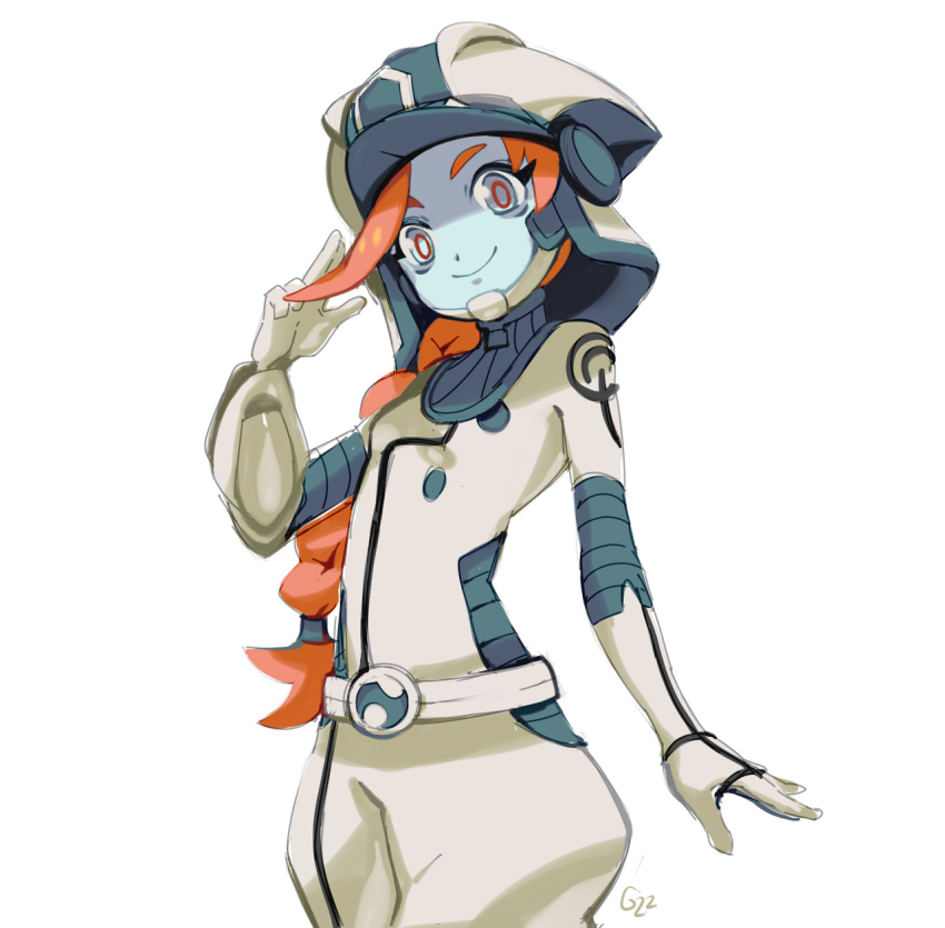 1girl braid closed_mouth commentary cowboy_shot english_commentary flat_chest happy helmet highres long_hair looking_at_viewer orange_hair pinkgermy pokemon pokemon_(game) pokemon_usum signature simple_background smile solo tied_hair white_background zossie_(pokemon)