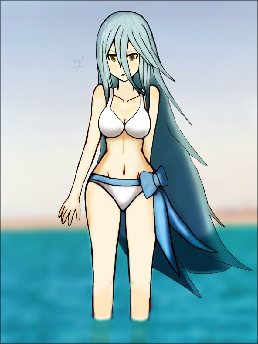 1girl aqua_(fire_emblem_if) aqua_hair artist_name azura_(fire_emblem) bikini cute fire_emblem fire_emblem_14 fire_emblem_fates fire_emblem_if intelligent_systems lagoon long_hair navel nintendo raydango ribbon soaking_feet solo summer swimsuit water white_bikini yellow_eyes