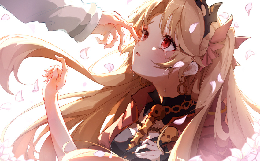 1boy 1girl blonde_hair blush commentary_request crying crying_with_eyes_open earrings ereshkigal_(fate/grand_order) fate/grand_order fate_(series) fujimaru_ritsuka_(male) hair_ribbon hand_on_another's_face highres infinity jewelry long_hair looking_at_another petals red_eyes red_ribbon ribbon skull solo_focus spine tears tiara two_side_up yorurui_sansan