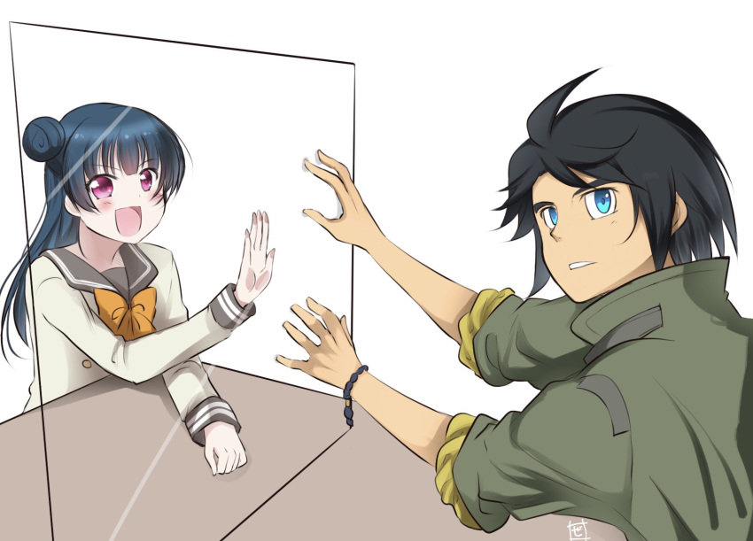 1boy 1girl ahoge bangs black_hair blue_eyes blue_hair bracelet commentary_request company_connection eyebrows_visible_through_hair glass gundam gundam_tekketsu_no_orphans hair_bun highres jacket jewelry kawanishi_kengo kobayashi_aika long_hair long_sleeves looking_at_viewer love_live! love_live!_sunshine!! mikazuki_augus pink_eyes school_uniform seiyuu_connection short_hair sidelocks sleeves_rolled_up sunrise_(company) table tsushima_yoshiko uranohoshi_school_uniform zero-theme