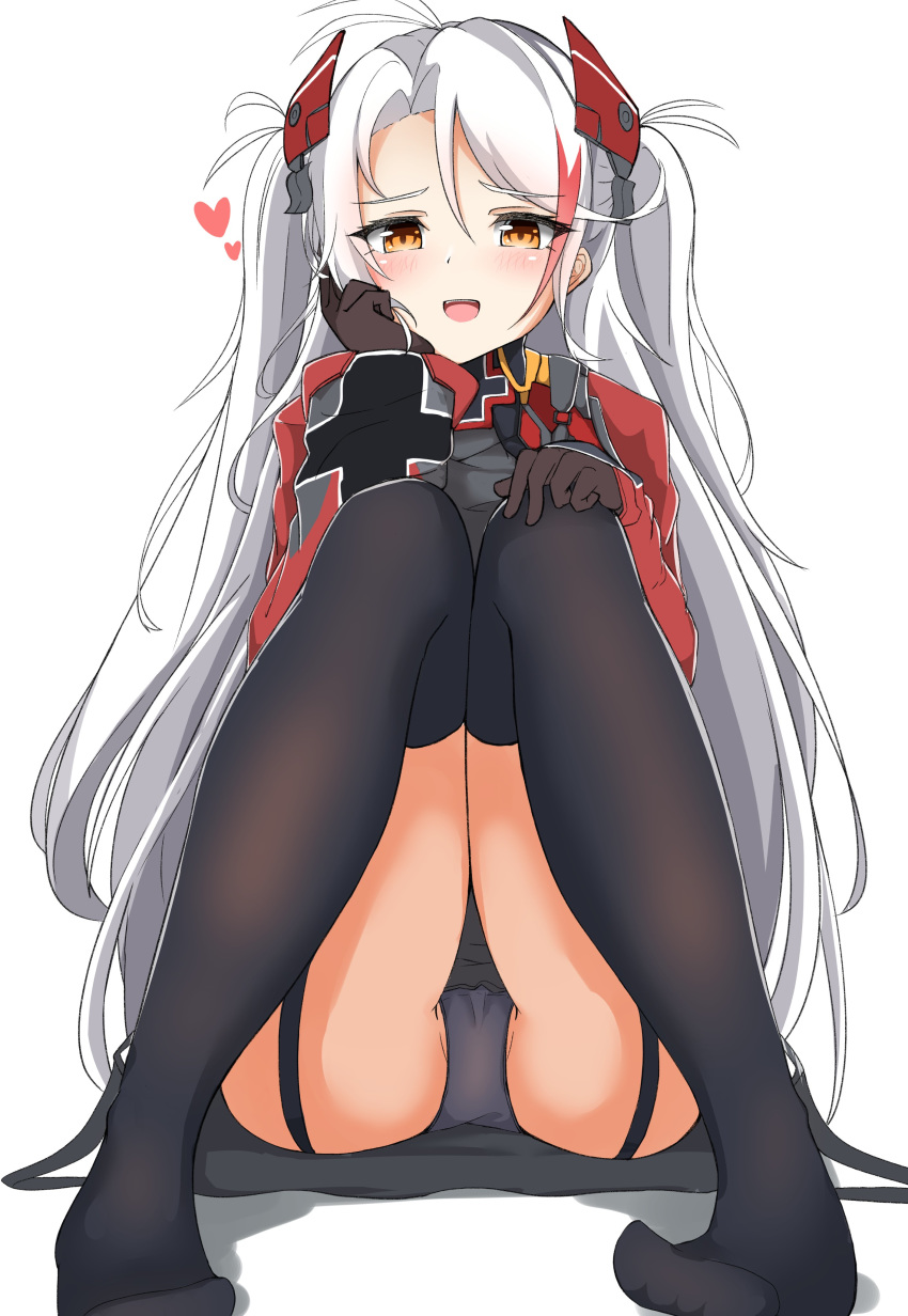 1girl :d absurdres azur_lane bangs black_gloves black_panties blush brown_eyes eyebrows_visible_through_hair garter_straps gloves grey_jacket hair_between_eyes hand_on_own_knee hand_up headgear heart highres iron_cross jacket knees_together_feet_apart knees_up long_hair long_sleeves looking_at_viewer moyoron multicolored_hair no_shoes open_mouth panties parted_bangs prinz_eugen_(azur_lane) redhead sitting smile solo streaked_hair two_side_up underwear very_long_hair white_hair