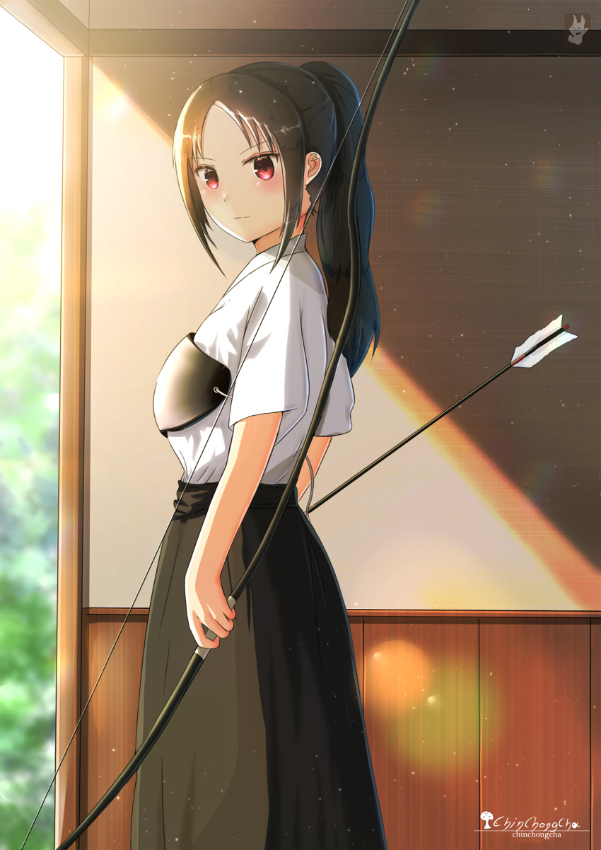 1girl alternate_hair_length alternate_hairstyle archery arrow artist_name black_hair black_hakama blurry blurry_background bow_(weapon) breastplate chinchongcha day dust_particles hakama high_ponytail highres holding holding_arrow holding_bow_(weapon) holding_weapon japanese_clothes kaguya-sama_wa_kokurasetai_~tensai-tachi_no_renai_zunousen~ kimono lens_flare long_hair outdoors red_eyes shinomiya_kaguya shiny shiny_hair short_sleeves solo standing watermark weapon white_kimono