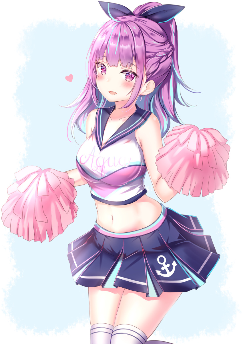 1girl absurdres ahoge bare_arms bare_shoulders black_skirt braid breasts cheerleader collarbone crop_top hair_ribbon heart highres holding_pom_poms hololive long_hair looking_at_viewer medium_breasts midriff minato_aqua miniskirt multicolored_hair navel open_mouth pleated_skirt pom_poms ponytail purple_hair ribbon sailor_collar shirt sidelocks skirt sleeveless sleeveless_shirt smile solo stomach streaked_hair thigh-highs thighs violet_eyes virtual_youtuber white_legwear white_shirt yuano zettai_ryouiki