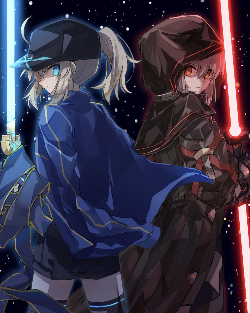 2girls absurdres artoria_pendragon_(all) back-to-back baseball_cap beam_saber black_cape black_gloves black_headwear black_legwear black_shorts blue_eyes blue_jacket cape closed_mouth eyebrows_visible_through_hair fate/grand_order fate_(series) gloves hair_between_eyes hat high_ponytail highres hood hood_up hooded jacket long_hair long_sleeves looking_at_viewer multiple_girls mysterious_heroine_x mysterious_heroine_x_(alter) nayu_tundora ocean open_clothes open_jacket red_eyes short_shorts shorts silver_hair standing thigh-highs