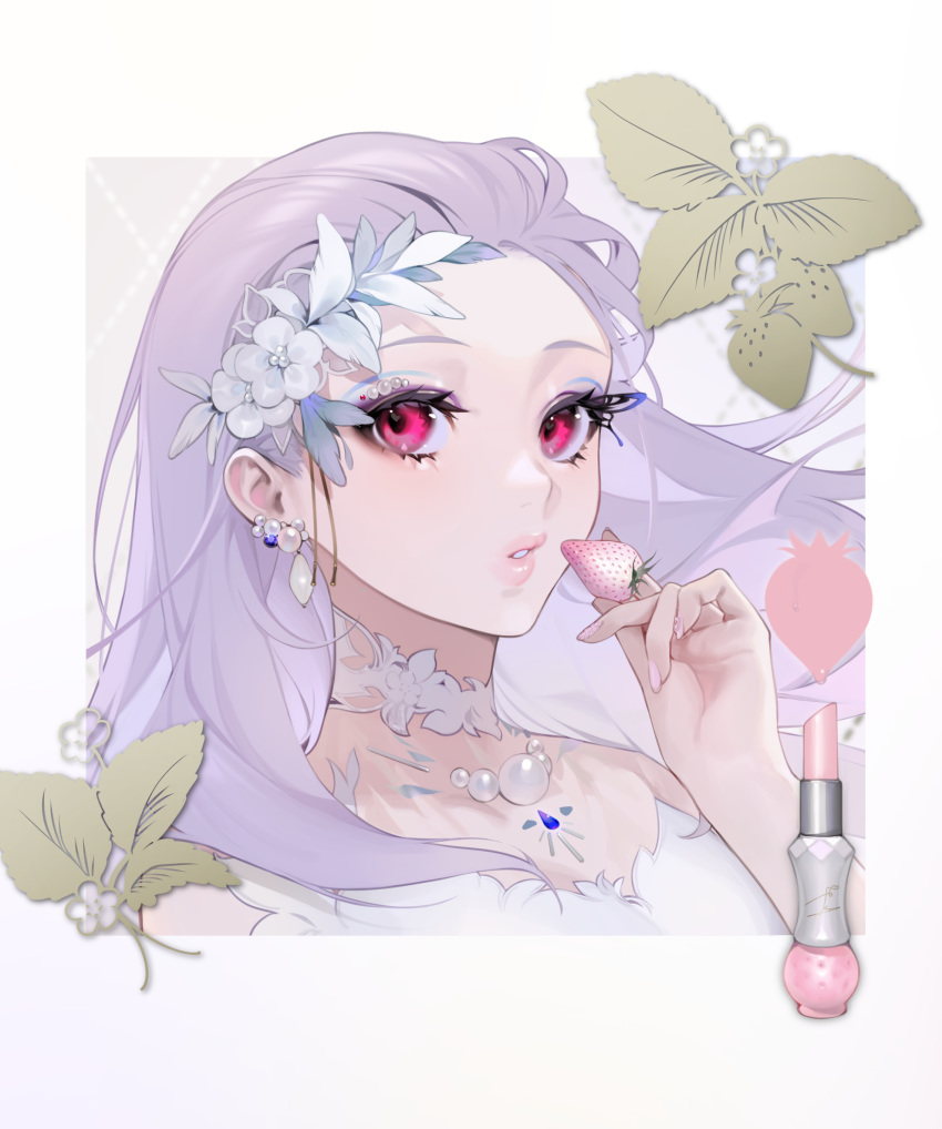 1girl collarbone dress face flower food food_print fruit grey_hair hair_flower hair_ornament highres holding holding_food holding_fruit lipstick long_hair looking_at_viewer makeup ohisashiburi parted_lips pink_eyes shining_star solo strawberry strawberry_print white_dress white_flower white_lipstick white_nails
