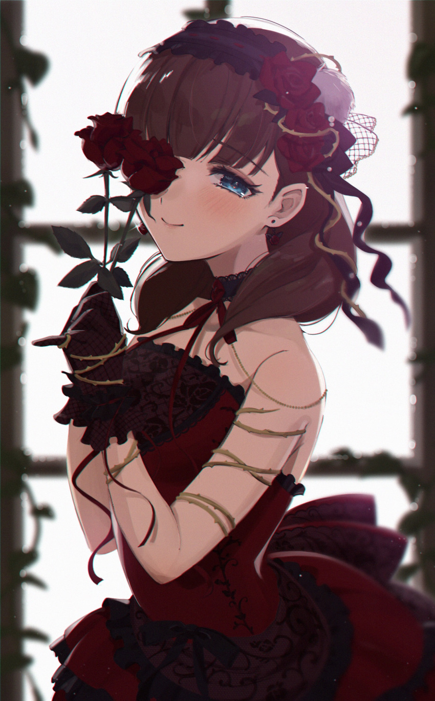 1girl backlighting bangs bare_arms bare_shoulders black_choker black_gloves blue_eyes blush brown_hair choker closed_mouth collarbone covering_one_eye dress earrings eyebrows_visible_through_hair flower frilled_dress frills from_side gloves hair_flower hair_ornament hairband highres holding holding_flower idolmaster idolmaster_cinderella_girls jewelry ka_(mauve_p) lolita_hairband long_hair looking_at_viewer looking_to_the_side red_dress red_flower red_ribbon red_rose ribbon rose sakuma_mayu smile solo strapless strapless_dress stud_earrings thorns upper_body window
