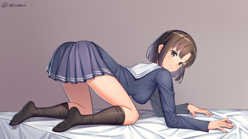 1girl absurdres all_fours arched_back black_legwear blue_jacket blue_skirt brown_eyes brown_hair closed_mouth full_body grey_background highres indoors jacket katou_megumi kneehighs konishi_(565112307) long_sleeves looking_at_viewer miniskirt pleated_skirt saenai_heroine_no_sodatekata sailor_collar school_uniform shiny shiny_hair short_hair skirt smile solo watermark white_sailor_collar