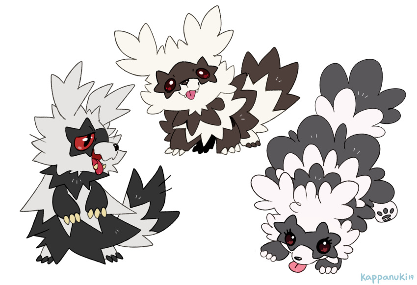 commentary creature english_commentary fangs full_body galarian_form galarian_zigzagoon gen_3_pokemon little-forget-me-not looking_at_viewer no_humans pokemon pokemon_(creature) red_eyes tongue tongue_out