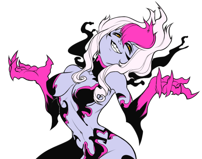 1girl black_sclera breasts claws estyy evelynn hair_between_eyes highres league_of_legends long_hair multicolored multicolored_hair navel parted_lips pink_hair smile solo teeth white_hair work_in_progress yellow_eyes