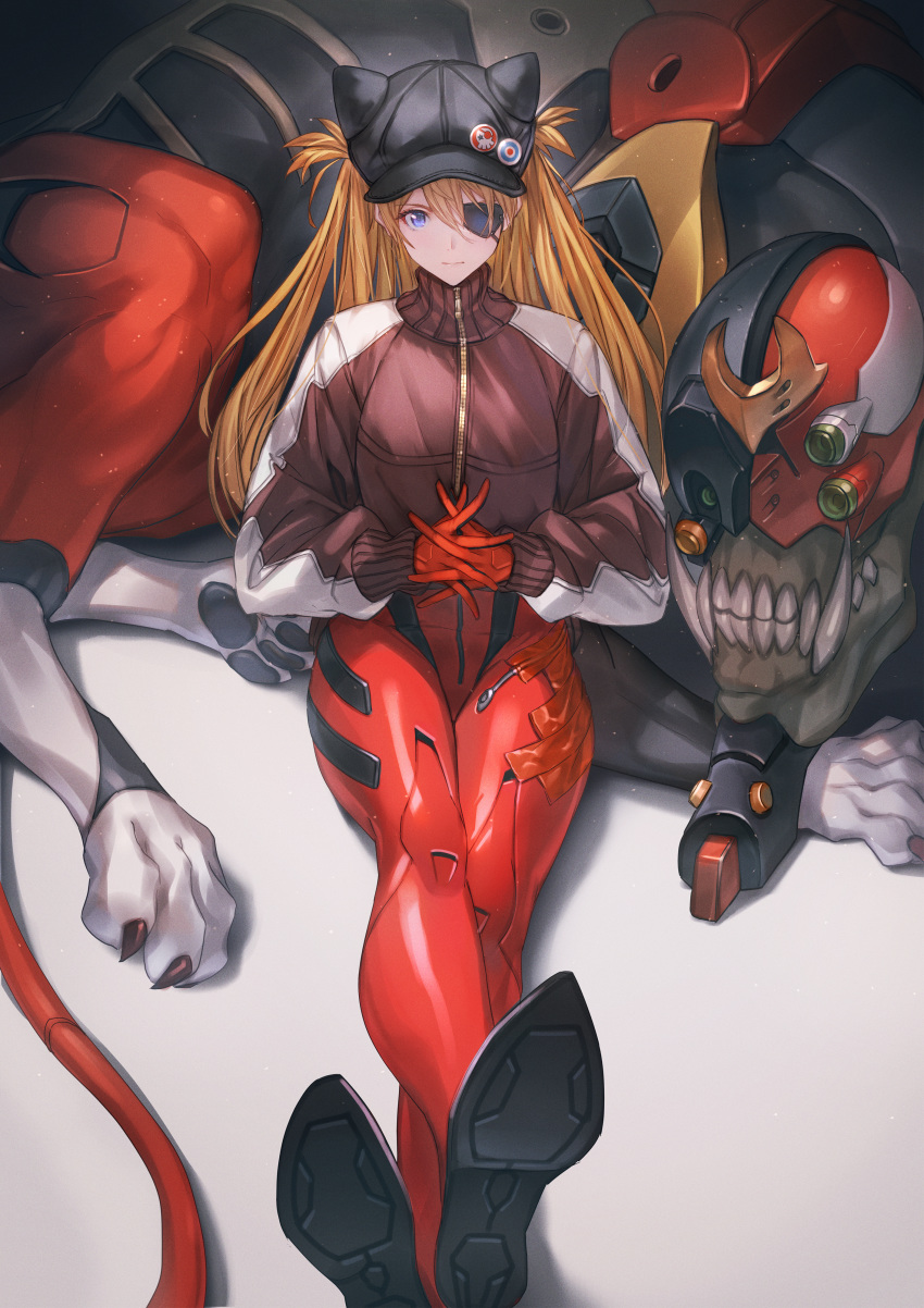 1girl absurdres animal_hat animalization badge bangs black_headwear blue_eyes bodysuit bodysuit_under_clothes button_badge cat_hat closed_mouth crossed_ankles eva_02 evangelion:_3.0_you_can_(not)_redo eyepatch hat hat_ornament hat_with_ears highres huge_filesize interlocked_fingers jacket legs light_smile long_hair long_sleeves looking_at_viewer makai_no_juumin neon_genesis_evangelion one_eye_covered orange_hair outstretched_legs own_hands_together pilot_suit plugsuit rebuild_of_evangelion red_bodysuit red_jacket shikinami_asuka_langley shoe_soles sitting smile souryuu_asuka_langley teeth track_jacket turtleneck two_side_up zipper