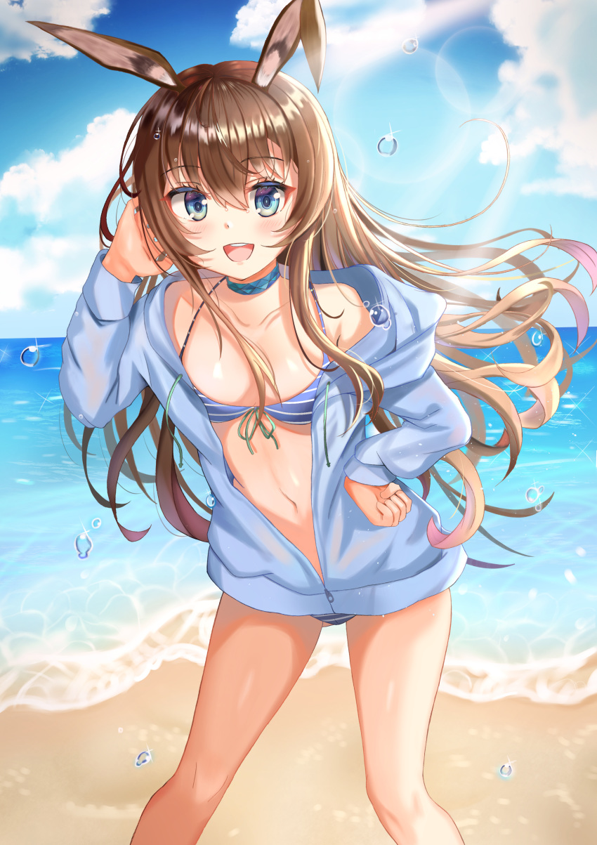 1girl :d absurdres amiya_(arknights) animal_ears arknights bangs beach bikini blue_bikini blue_choker blue_eyes blue_jacket blue_sky blush brown_hair choker clouds commentary_request day eyebrows_visible_through_hair feet_out_of_frame hair_between_eyes hand_in_hair hand_on_hip hand_up highres hood hooded_jacket jacket leaning_forward long_hair long_sleeves looking_at_viewer navel ocean open_mouth outdoors rabbit_ears sky smile solo standing stomach striped striped_bikini swimsuit thighs very_long_hair water water_drop zeroillya