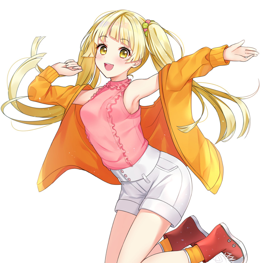 1girl :d absurdres armpits arms_up bang_dream! bare_shoulders blonde_hair hair_ornament highres jacket long_hair long_sleeves looking_at_viewer neginoki off_shoulder open_clothes open_jacket open_mouth orange_jacket orange_legwear outstretched_arms pink_shirt red_footwear shirt shirt_tucked_in shoes short_shorts shorts simple_background sleeveless sleeveless_shirt smile socks solo thighs tsurumaki_kokoro twintails white_background white_shorts yellow_eyes
