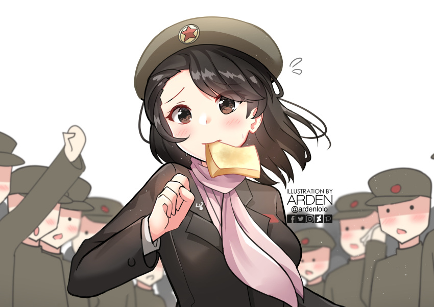 1girl absurdres ardenlolo artist_name bangs black_hair black_headwear blush bread commentary english_commentary eyebrows_visible_through_hair eyes_visible_through_hair flying_sweatdrops food food_in_mouth hat highres kim_yo-jong looking_at_viewer medium_hair meme military military_uniform multiple_boys parody real_life running scarf shiny shiny_hair simple_background solo_focus toast uniform white_background