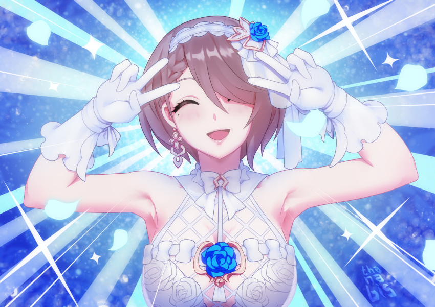 1girl absurdres bare_shoulders blue_flower blue_rose breasts commentary dress emotional_engine_-_full_drive flower gloves hair_ornament hair_over_one_eye highres honkai_(series) honkai_impact_3rd large_breasts looking_at_viewer mole mole_under_eye rita_rossweisse rose short_hair smile solo thanabis white_dress white_gloves