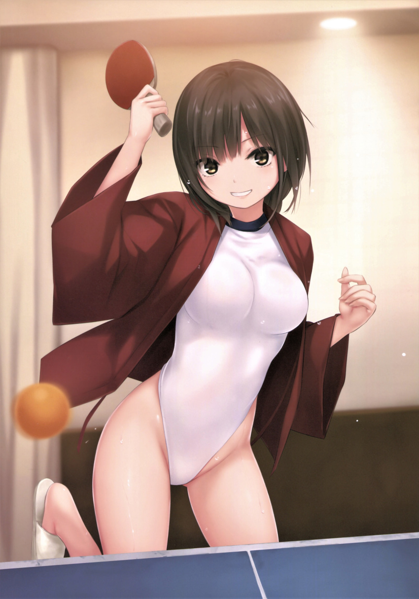 1girl absurdres aoyama_sumika ball bangs black_hair brown_eyes coffee-kizoku highres holding holding_paddle indoors leg_up long_sleeves looking_at_viewer original paddle parted_lips sandals scan shiny short_hair simple_background smile solo table_tennis_ball table_tennis_paddle
