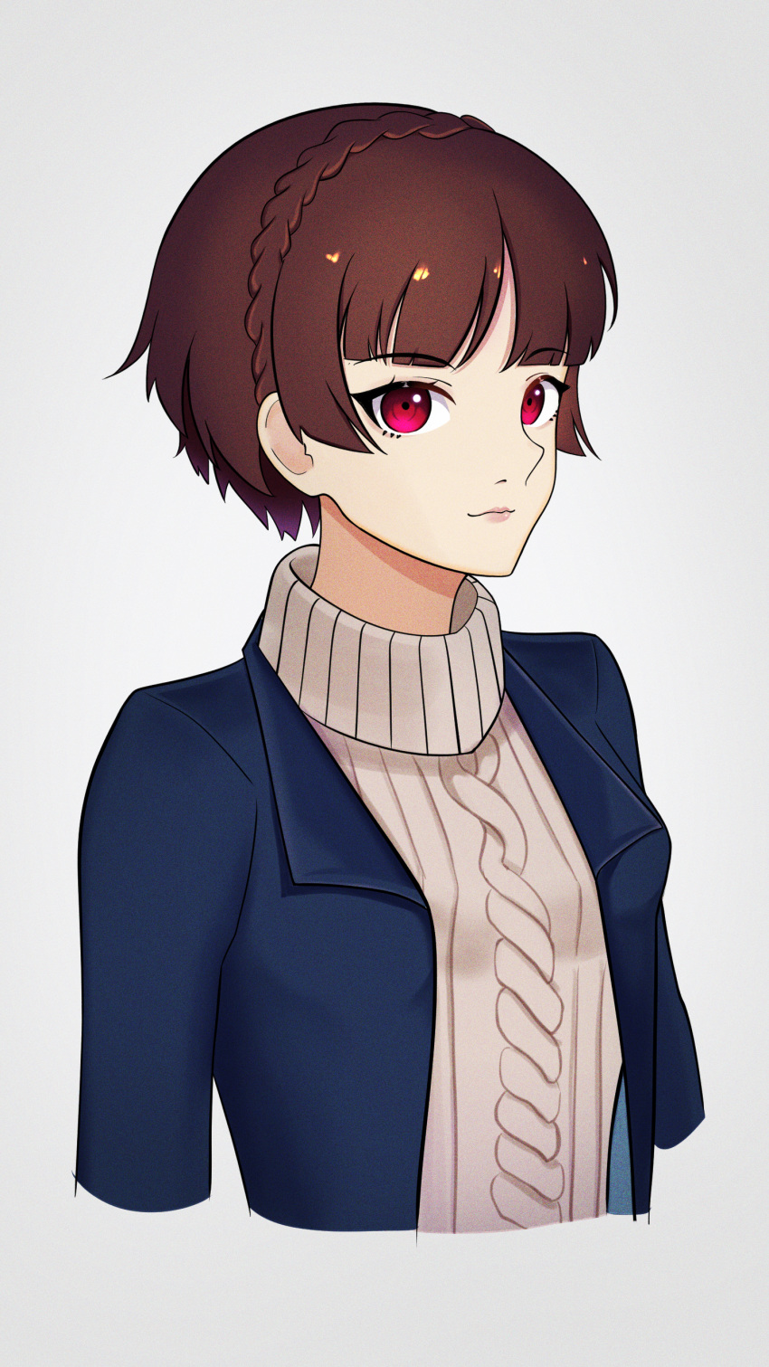 1girl absurdres bangs blue_jacket braid brown_hair closed_mouth cropped_arms cropped_torso crown_braid eyebrows_visible_through_hair grey_background grey_sweater highres horikkita jacket niijima_makoto open_clothes open_jacket persona persona_5 red_eyes ribbed_sweater shiny shiny_hair short_hair simple_background sketch smile solo sweater upper_body
