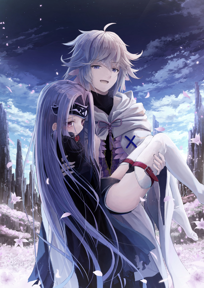 1boy 1girl absurdres black_leotard blush cape carrying eyebrows_visible_through_hair fate/grand_order fate_(series) flower forehead_protector hair_between_eyes highres hooded_robe leotard long_hair medusa_(lancer)_(fate) merlin_(fate) open_mouth outdoors princess_carry purple_hair red_eyes short_hair thigh-highs utatanecocoa very_long_hair violet_eyes white_hair white_legwear