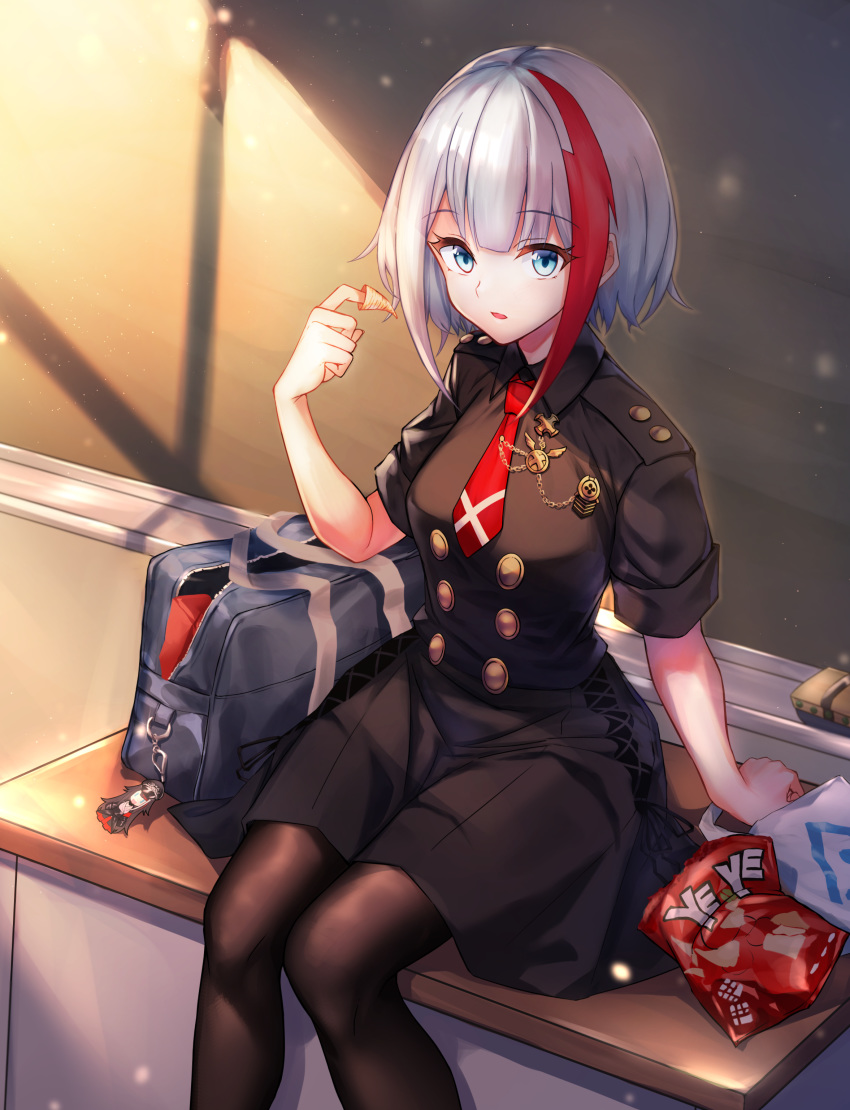 1girl absurdres admiral_graf_spee_(azur_lane) admiral_graf_spee_(maiden's_sunday)_(azur_lane) agibe azur_lane bag black_dress black_legwear blue_eyes bookbag breasts bugles bugles_on_fingers chalkboard character_doll classroom commentary day desk deutschland_(azur_lane) double-breasted dress eyebrows_visible_through_hair eyelashes highres indoors looking_at_viewer medal medium_breasts multicolored_hair necktie on_desk pantyhose parted_lips red_neckwear redhead short_hair short_necktie short_sleeves silver_hair sitting snack solo streaked_hair sunlight two-tone_hair wing_collar