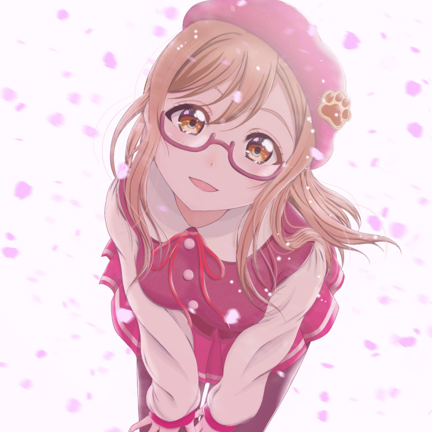 1girl :d bangs beret blush brown_hair cherry_blossoms glasses h.i.t_(59-18-45) hat highres kunikida_hanamaru leaning_forward leaning_over love_live! love_live!_sunshine!! neckwear open_mouth pantyhose pleated_skirt red_headwear red_neckwear school_uniform skirt smile solo yellow_eyes