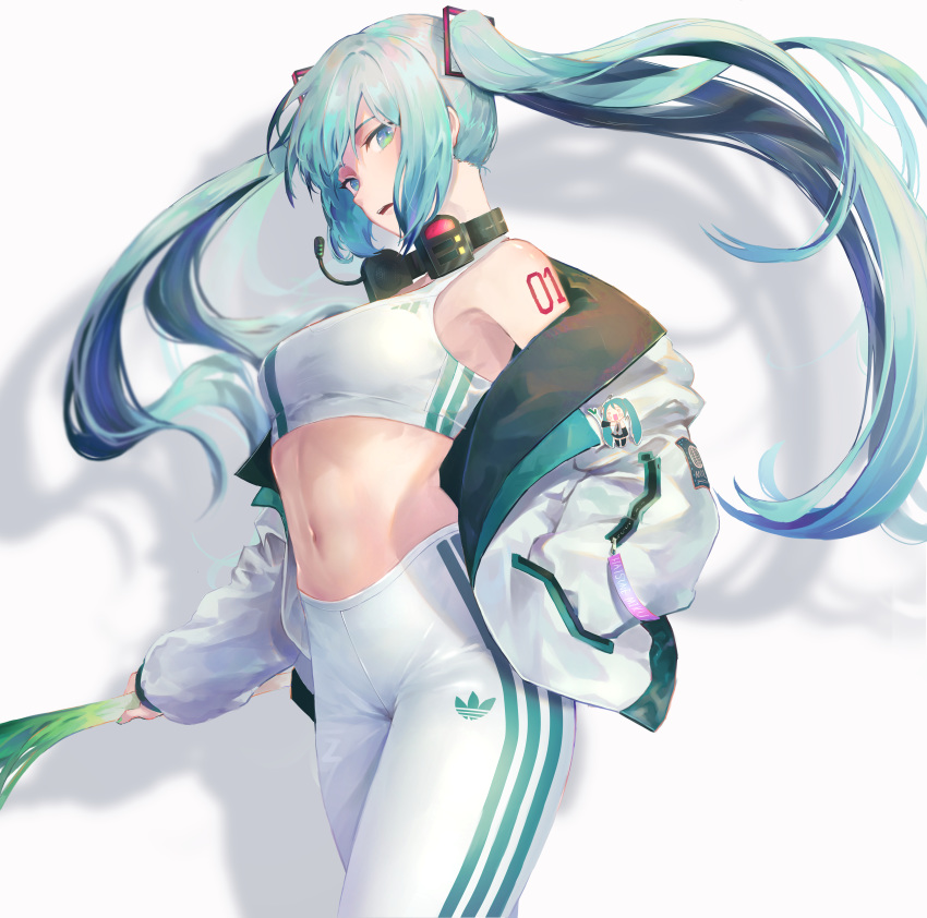 1girl absurdres alternate_costume aqua_eyes aqua_hair breasts cowboy_shot food hachune_miku hair_ornament hand_in_pocket hatsune_miku headphones headphones_around_neck headset highres holding holding_food jacket long_hair long_sleeves looking_at_viewer medium_breasts navel number_tattoo open_clothes open_jacket open_mouth pants pigonhae shoulder_tattoo sidelocks simple_background solo sports_bra spring_onion stomach tattoo twintails very_long_hair vocaloid white_background white_jacket white_pants yoga_pants