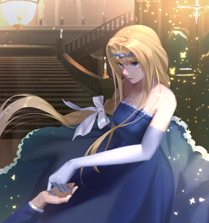 1boy 1girl absurdres alice_schuberg bangs blonde_hair blue_dress blue_eyes bow braid braided_ponytail diadem dress elbow_gloves eugeo eyebrows_visible_through_hair floating_hair gloves hair_bow hair_intakes highres huge_filesize indoors jewelry long_dress long_hair low-tied_long_hair necklace oekaki_taro open_mouth ponytail shiny shiny_hair sleeveless sleeveless_dress smile stairs strapless strapless_dress sword_art_online very_long_hair white_bow white_gloves