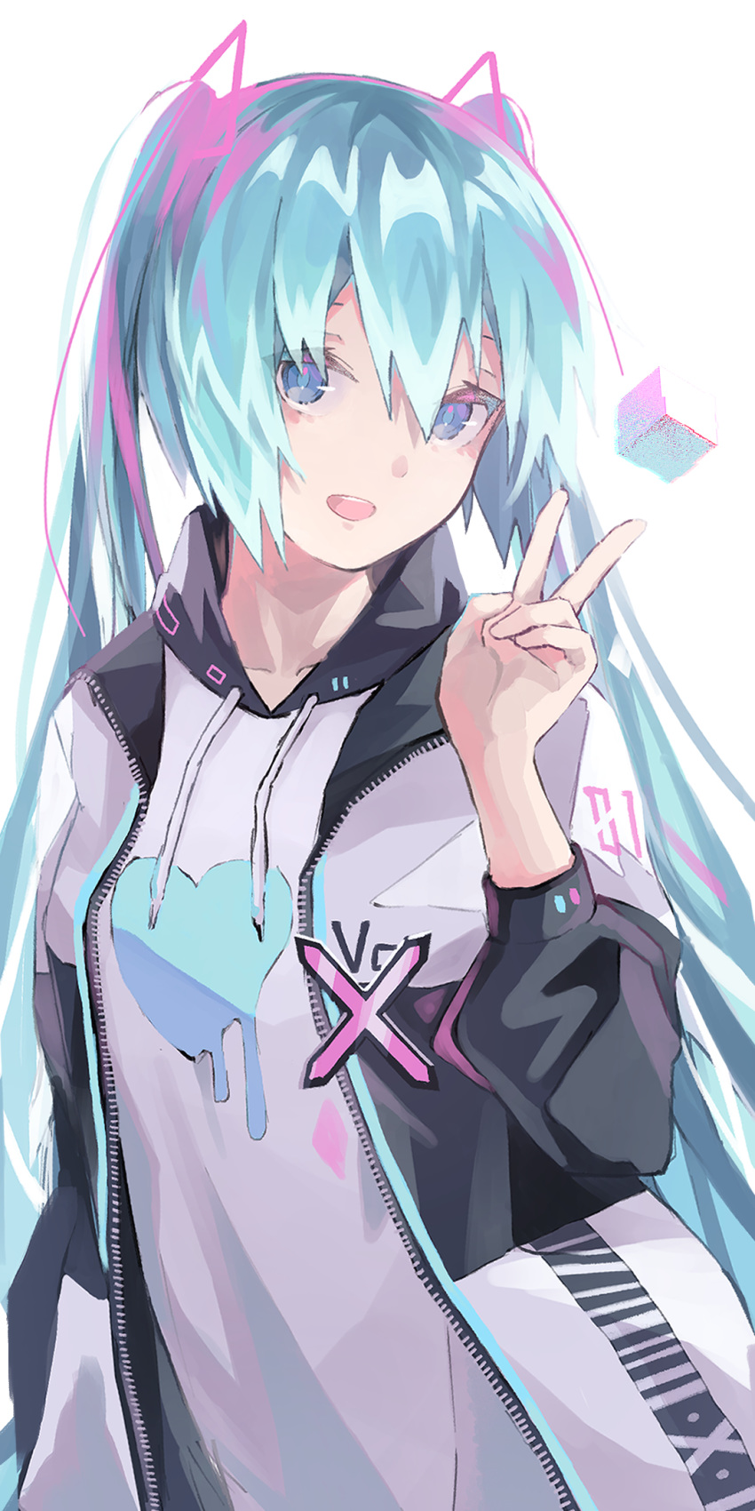 1girl :d azarasi_haru blue_eyes blue_hair hair_between_eyes hair_ornament hatsune_miku heart heart_print highres jacket long_hair long_sleeves open_clothes open_jacket open_mouth print_sweater simple_background smile solo standing sweater v very_long_hair vocaloid white_background white_sweater