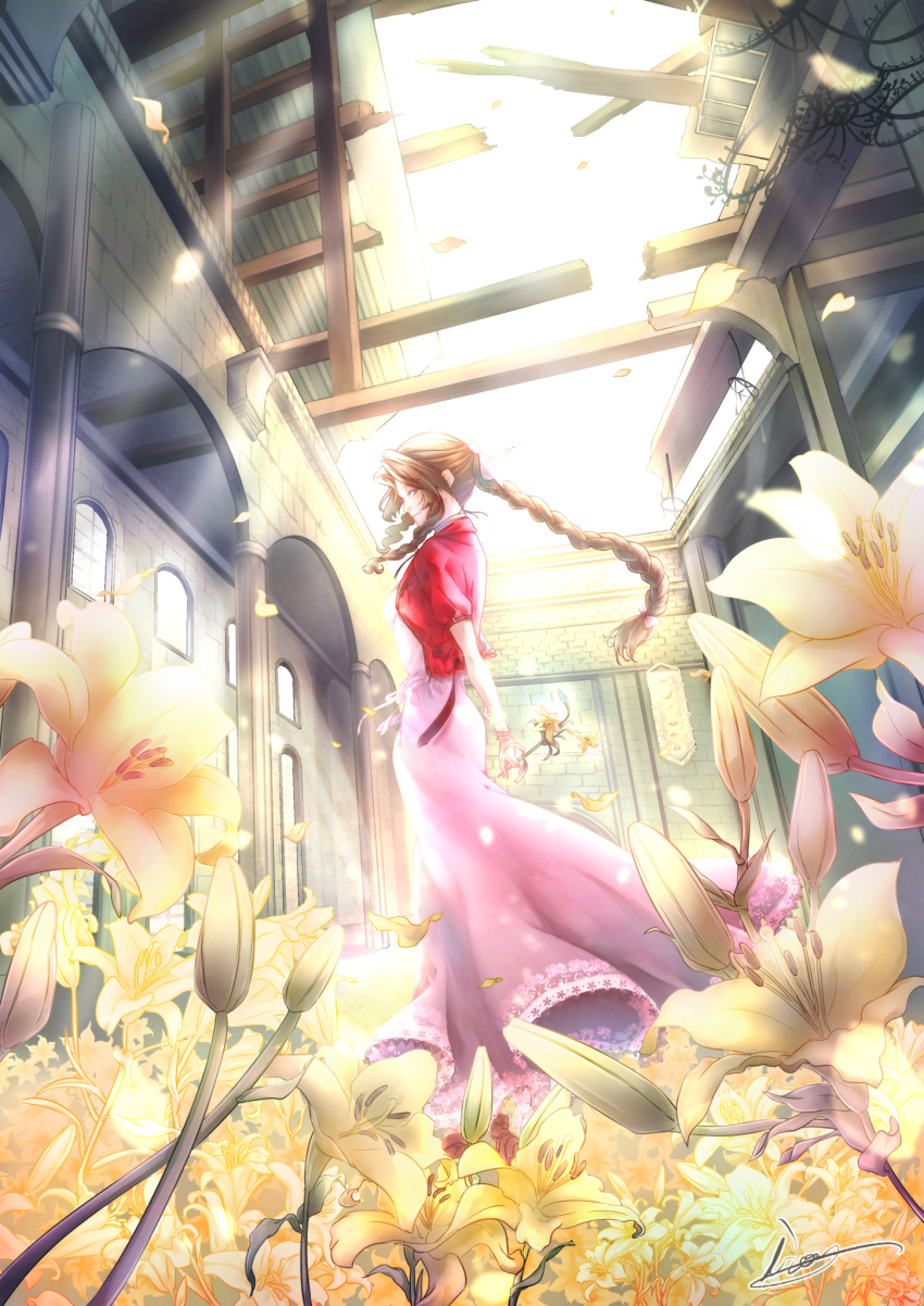 1girl aerith_gainsborough bow braid braided_ponytail brown_hair church cropped_jacket dress final_fantasy final_fantasy_vii final_fantasy_vii_remake flower green_eyes highres holding holding_flower indoors jacket long_braid long_hair looking_at_viewer looking_to_the_side moriiiiiiiiiinn open_roof_top petals pink_bow pink_dress red_jacket single_braid solo sunlight