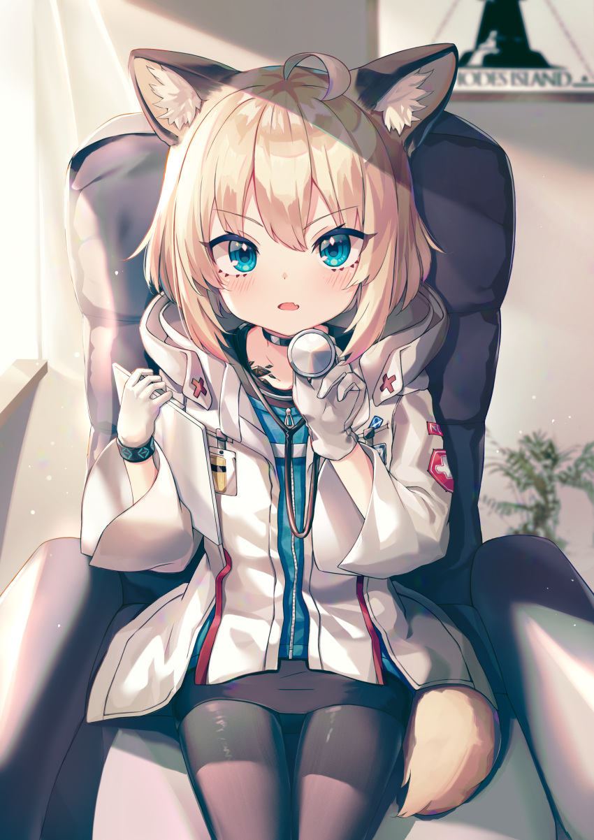 &gt;:o 1girl absurdres ahoge animal_ear_fluff animal_ears arknights armchair black_legwear black_skirt blonde_hair blue_eyes blurry blurry_background blush caduceus chair choker clipboard coat commentary_request day depth_of_field fang fox_ears fox_girl fox_tail gloves highres holding holding_clipboard indoors looking_at_viewer medic miniskirt nam on_chair pantyhose parted_lips pencil_skirt short_hair sidelighting sitting skin_fang skirt solo stethoscope sussurro_(arknights) tail white_gloves window