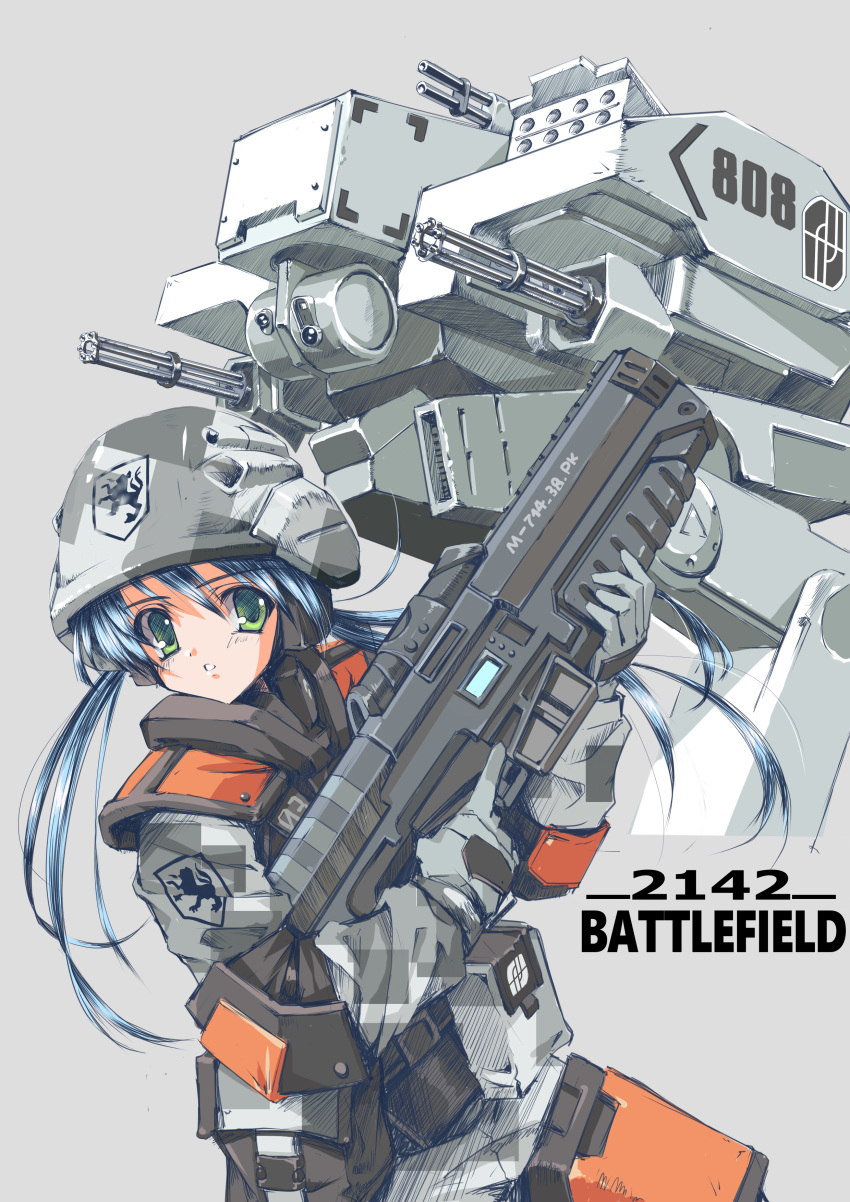 1girl absurdres battlefield_2142 blue_hair commentary english_commentary gatling_gun green_eyes helmet highres holding holding_weapon longmei_er_de_tuzi mecha science_fiction simple_background twintails weapon
