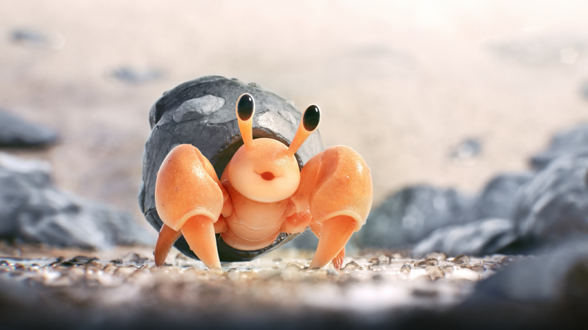 3d absurdres black_eyes blurry commentary creature depth_of_field dwebble english_commentary full_body gen_5_pokemon highres looking_at_viewer no_humans photorealistic pokemon pokemon_(creature) realistic rock sand sebastian_montecinos solo standing