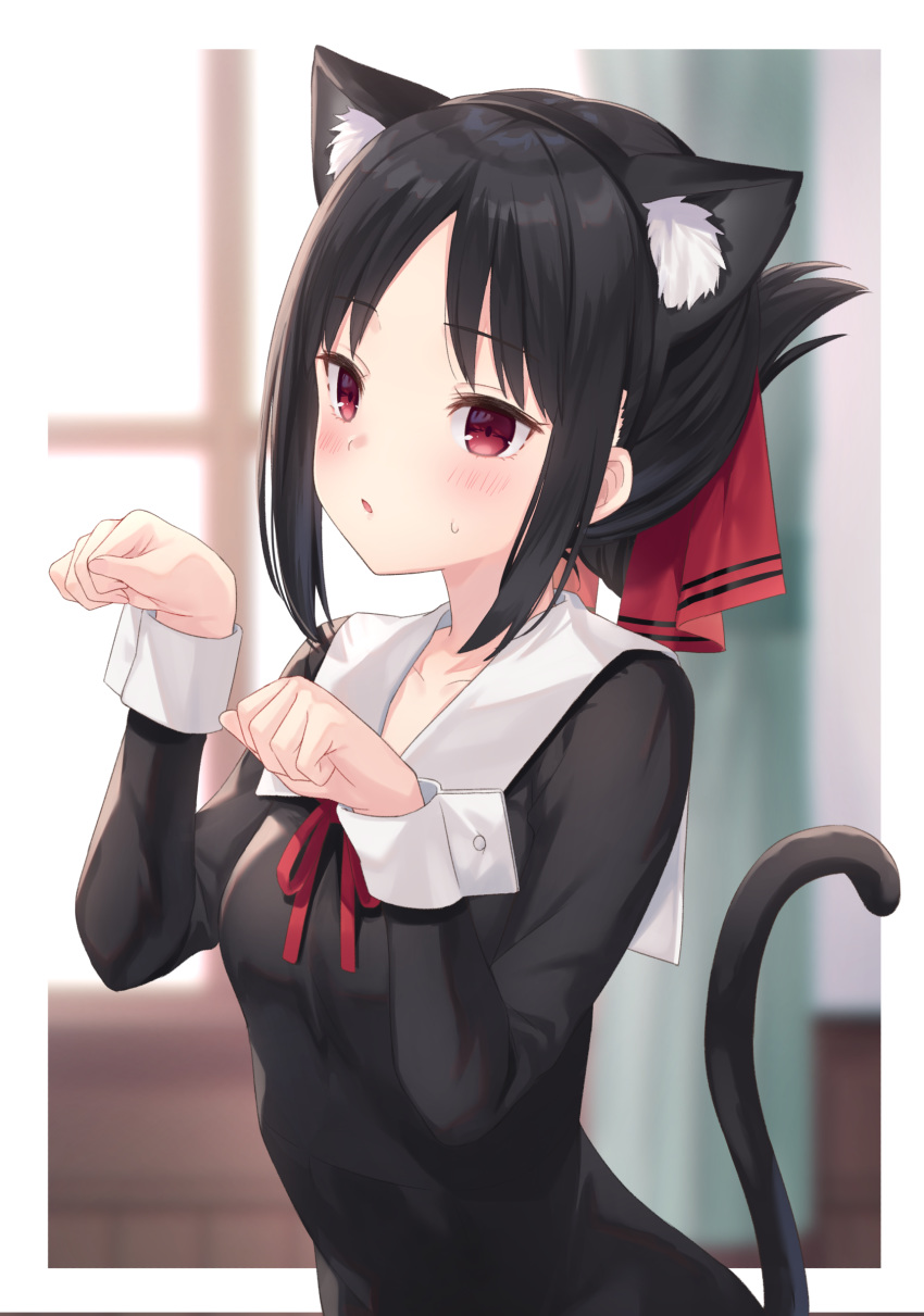 1girl absurdres animal_ear_fluff animal_ears bangs black_dress black_hair blurry blurry_background blush breasts cat_ears cat_tail commentary_request curtains day dress eyebrows_visible_through_hair hair_ribbon highres indoors jimmy kaguya-sama_wa_kokurasetai_~tensai-tachi_no_renai_zunousen~ kemonomimi_mode long_sleeves looking_at_viewer medium_hair neck_ribbon parted_bangs parted_lips paw_pose red_eyes red_ribbon ribbon school_uniform shinomiya_kaguya small_breasts solo sweatdrop tail upper_body window wrist_cuffs