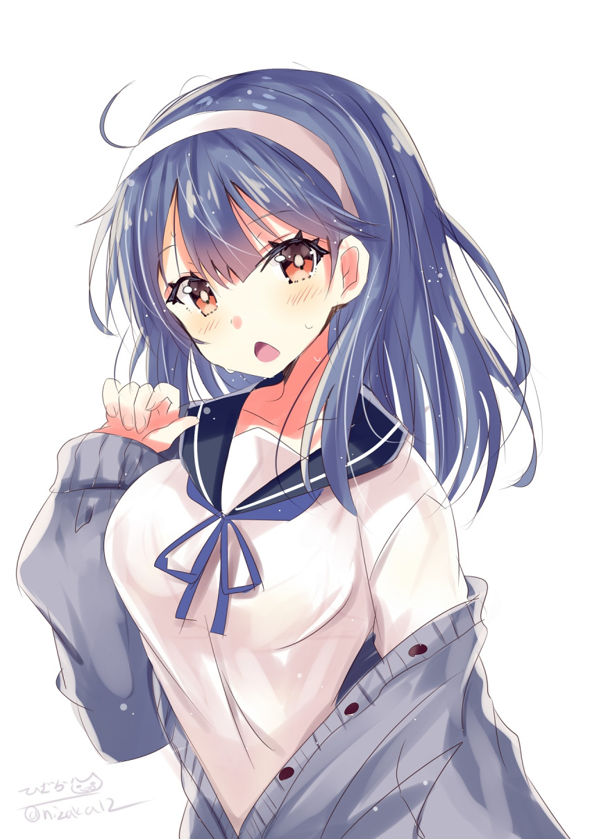 1girl blue_hair blue_sailor_collar blue_serafuku blush breasts brown_eyes eyebrows_visible_through_hair grey_cardigan hair_ornament headband highres hizaka kantai_collection large_breasts long_hair long_sleeves looking_at_viewer neck_ribbon open_mouth ribbon sailor_collar school_uniform serafuku simple_background solo sweatdrop twitter_username ushio_(kantai_collection) white_background white_headband