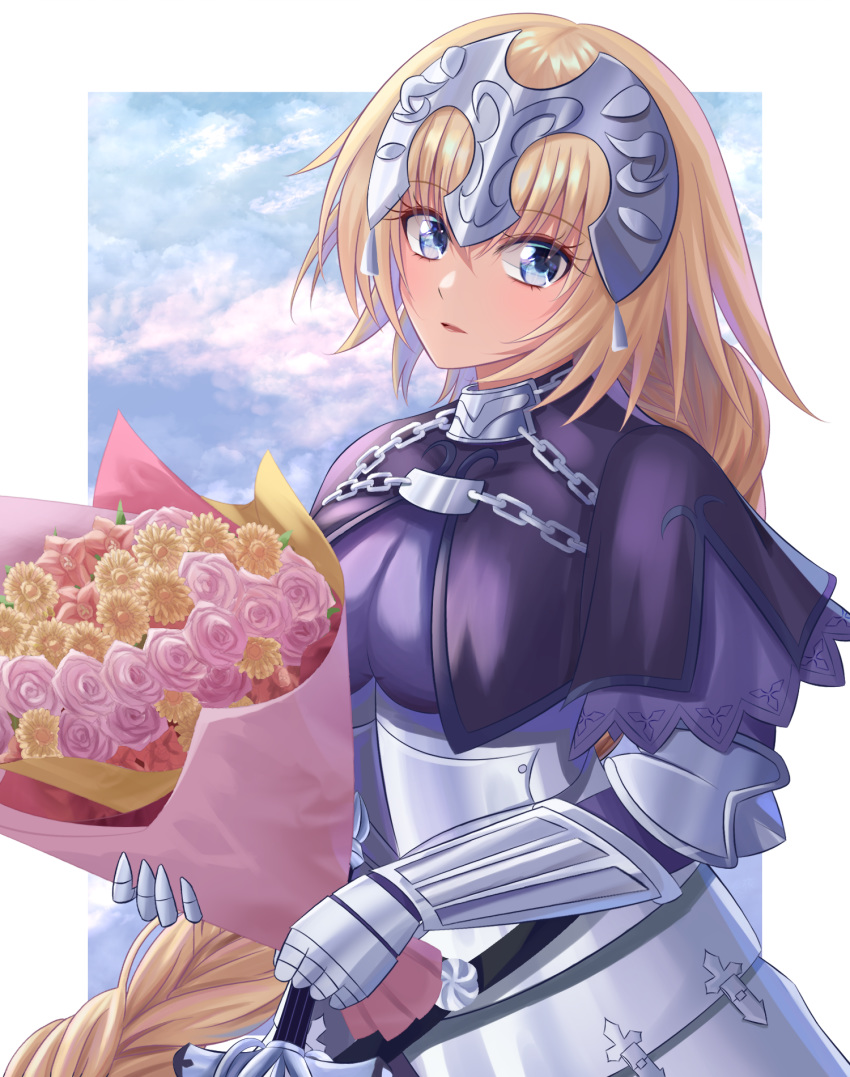 1girl armor armored_dress bangs blonde_hair blue_eyes bouquet braid braided_ponytail chain eyebrows_visible_through_hair fate/apocrypha fate_(series) faulds floating_hair flower hair_between_eyes headpiece highres holding holding_bouquet jeanne_d'arc_(fate) jeanne_d'arc_(fate)_(all) long_hair looking_at_viewer open_mouth pink_flower pink_rose red_flower rose shiny shiny_hair solo souyoru standing sword very_long_hair weapon yellow_flower