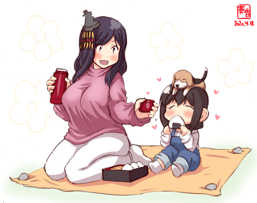 2girls alternate_costume animal animal_on_head artist_logo black_hair blue_overalls blush brown_hair cherry_blossoms child closed_eyes commentary_request dated dog dog_on_head eating food hair_ornament hanami heart kanon_(kurogane_knights) kantai_collection long_sleeves medium_hair multiple_girls obentou on_head onigiri open_mouth overalls pants petals picnic pink_shirt puppy red_eyes seiza shigure_(kantai_collection) shirt short_hair sitting smile socks thermos white_background white_legwear white_pants white_shirt yamashiro_(kantai_collection) younger