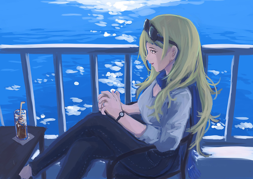 1girl blonde_hair blue_eyes commentary denim drink english_commentary feet_out_of_frame glass hair_between_eyes high-waist_pants highres jeans kantai_collection long_hair mole mole_under_eye pants railing richelieu_(kantai_collection) shirt sitting solo table vent_arbre watch watch water white_shirt