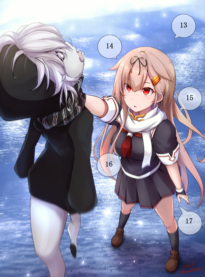 2girls absurdres artist_name baileys_(tranquillity650) bangs black_hoodie black_legwear black_scarf black_serafuku black_shirt black_skirt blank_eyes blonde_hair breasts commentary counting eyebrows_visible_through_hair fingerless_gloves foaming_at_the_mouth gloves hair_between_eyes hair_flaps hair_ornament hair_ribbon hairclip highres holding_another kantai_collection long_hair looking_at_another medium_breasts multiple_girls neckerchief ocean pleated_skirt re-class_battleship red_eyes red_neckwear remodel_(kantai_collection) ribbon scarf school_uniform serafuku shirt shoes short_sleeves sidelocks signature skirt socks standing standing_on_liquid tail white_hair white_scarf yuudachi_(kantai_collection)