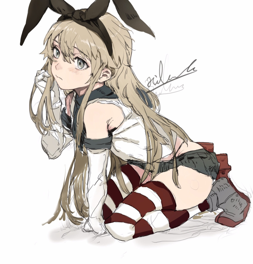 1girl bare_shoulders black_panties blonde_hair elbow_gloves gloves grey_eyes hair_between_eyes hairband highres hiranko kantai_collection kneeling long_hair microskirt panties shimakaze_(kantai_collection) sketch skirt solo striped striped_legwear thigh-highs underwear very_long_hair white_gloves