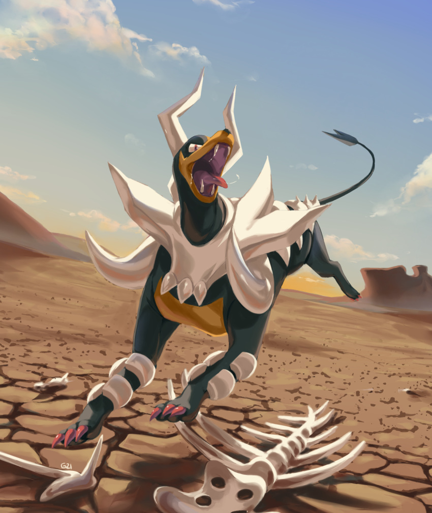 blue_sky clouds cloudy_sky commentary creature desert english_commentary fangs full_body gen_2_pokemon highres houndoom mega_houndoom mega_pokemon no_humans open_mouth outdoors pinkgermy pokemon pokemon_(creature) sand shadow sky solo tongue tongue_out
